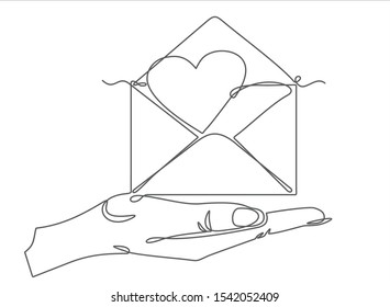 One continuous line drawing of hand holding Heart in envelope. Vector illustration. St.  Valentine's Day