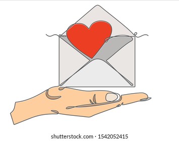One continuous line drawing of hand holding Heart in envelope. Vector illustration. St.  Valentine's Day