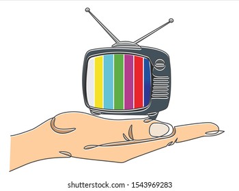 One continuous line drawing of hand holding Retro TV. Vector illustration