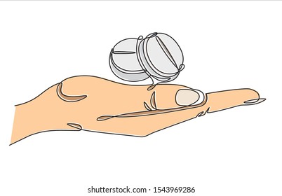 One continuous line drawing of hand holding two pills. Vector illustration