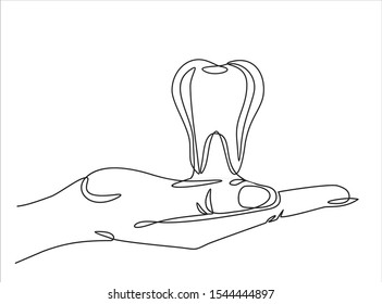 One continuous line drawing of hand holding Tooth. Vector illustration