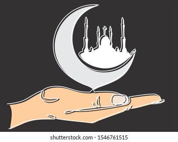 One continuous line drawing of hand holding Mosque and Moon. Continuous one line drawing minimalism design isolated on white background. For Muslim holy month Ramadan Kareem. Ramadan Mubarak.