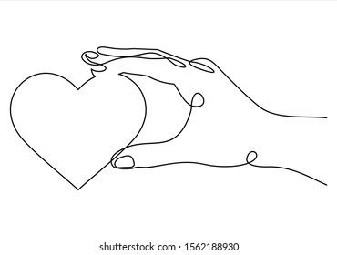 One continuous line drawing of hand holding heart.vector illustration