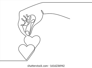 One continuous line drawing of hand holding heart.vector illustration
