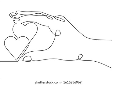 One continuous line drawing of hand holding heart.vector illustration