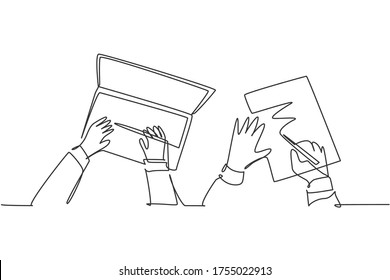 One continuous line drawing of hand typing on laptop keyboard and hand signing contract agreement paper together. Business deal concept. Modern single line draw design graphic vector illustration