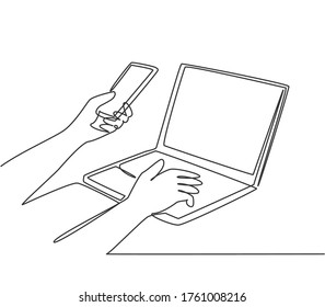 One continuous line drawing of hand gesture holding smartphone to input generate code message before login to internet banking. Online security concept single line draw design vector illustration