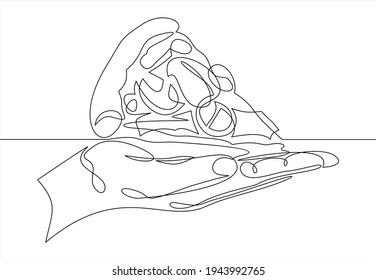 One continuous line drawing, hand holding pizza