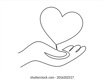 One continuous line drawing of a hand holding a heart.