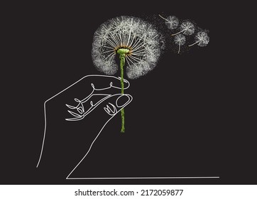 One continuous line drawing of hand holding a dandelion. vector illustration