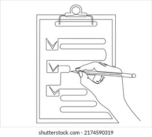 One Continuous Line Drawing Of Hand Filling Checklist On Clipboard. 