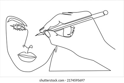 One continuous line drawing of a hand drawing a woman's face.