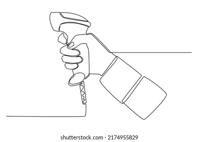 One continuous line drawing of hand are using barcode scanners. Shopping Mall concept. Single line draw design vector graphic illustration.