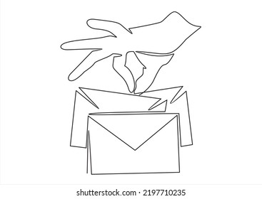 One continuous line drawing hand with letter icon isolated on white background illustration