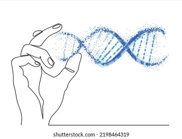 Un dibujo continuo de la línea de la mano sujetando el ADN. ilustración vectorial