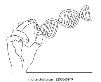 One Continuous Line Drawing Of Hand Holding DNA. Vector Illustration