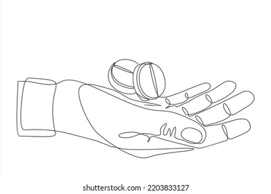 Un dibujo continuo de la mano sosteniendo dos pastillas. Ilustración del vector