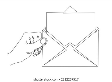 One continuous line drawing of hand holding open envelope with a letter. vector illustration