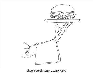 Eine durchgehende Linienzeichnung des Kellners trägt Hamburger oder Burger auf einem Tablett. Fast Food Konzept. Eine Hand hält ein Fach. Line Art 