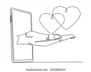 One continuous line drawing of hand holding hearts on screen smart phone. vector illustration