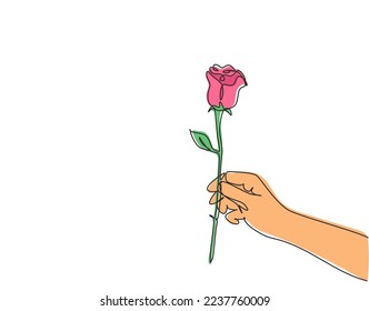 One continuous line drawing of hand holding beautiful romantic fresh rose flower. Modern greeting card, invitation, logo, banner, poster concept single line graphic draw design vector illustration