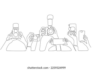 One continuous line drawing of hand with microphone. Journalism concept. Set of hands holding a microphone. Hand press with flat hands. Microphone. Reporter. Single line draw design vector illustratio