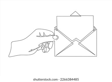 One continuous line drawing of hand holding open envelope with a letter. vector illustration