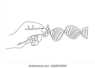 One continuous line drawing of hand holding DNA. vector illustration
