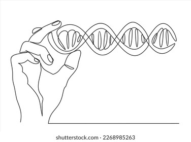 Un dibujo continuo de la línea de la mano sujetando el ADN. ilustración vectorial