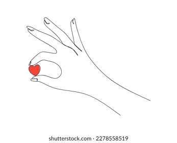 One continuous line drawing of hand holding little red heart isolated on white background. Black thin line hand hold heart. One line art, Vector illustration
