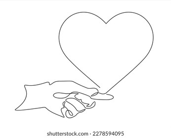 One continuous line drawing of hand holding heart.vector illustration