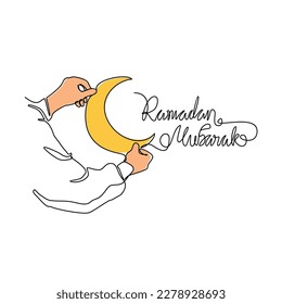 One continuous line drawing of hand and a half moon for symbol ramadan kareem.  ramadan design concept with simple linear style. islamic design concept.