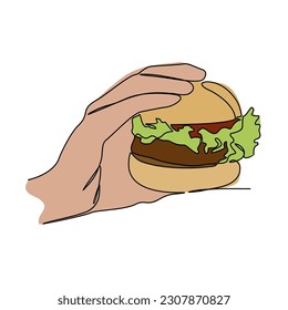 Eine durchgehende Zeichnung einer Hand, die einen Burger hält. Food-Illustration im einfachen linearen Stil. Konzept des Lebensmitteldesigns, Vektorgrafik
