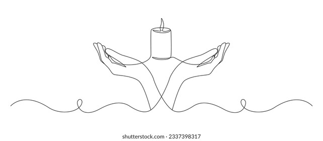 One continuous line drawing of hand holding candle. Symbol of prayer and church concept in simple linear style. Editable stroke. Doodle outline vector illustration