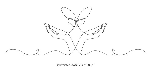 One continuous line drawing of hand holding butterfly. Beautiful flying moth for wellbeing beauty or spa salon logo in simple linear style. Editable stroke. Doodle outline vector illustration