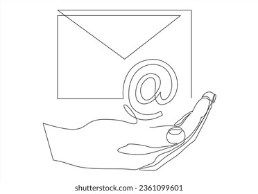 One continuous line drawing of hand holding Email message post letter send. Vector illustration