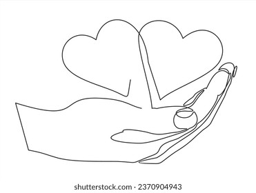 One continuous line drawing of hand holding heart.