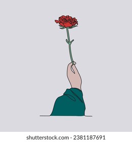 Un dibujo continuo de una mano es sostener una hermosa flor. Una rosa en una simple ilustración vectorial de estilo lineal. diseño con diseño lineal negro minimalista aislado vector de planta de concpet.