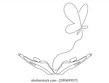 One continuous line drawing of hand holding butterfly. Beautiful flying moth for wellbeing beauty or spa salon logo in simple linear style. Editable stroke. Doodle outline vector illustration