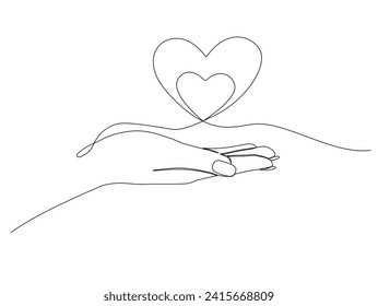 One continuous line drawing of hand holding two heart. Vector illustration
