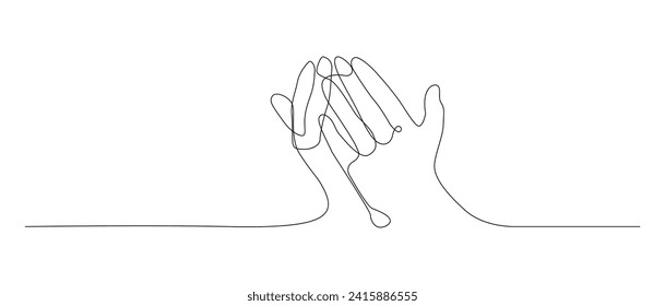 One continuous line drawing of hand in praying pose. both two raised hands up .doodle outline art line vector illustration.