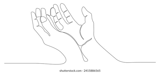 One continuous line drawing of hand in praying pose. both two raised hands up .doodle outline art line vector illustration.