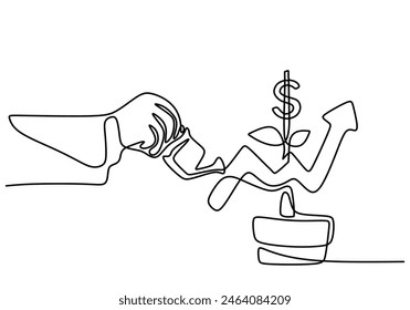 one continuous line drawing of hand watering dollar plants with graphic isolated on white background. Concept of earnings, success, money. Single line draw design