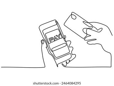eine durchgehende Strichzeichnung von Hand halten Smartphone und Kreditkarten isoliert auf weißem Hintergrund. Online-Zahlungskonzept Vektorillustration.