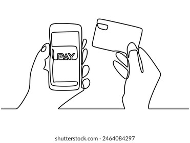 one continuous line drawing of hand hold Smartphone and credit cards isolated on white background. Online payment concept vector illustration.