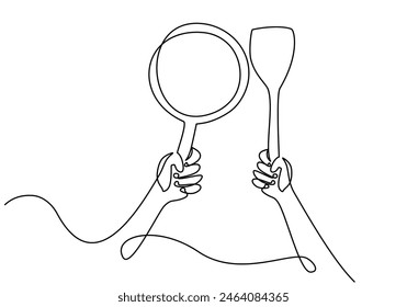 one continuous line drawing of hand hold pan and spatula together isolated on white background. cooking and kitchen concept in simple linear style editable stroke.