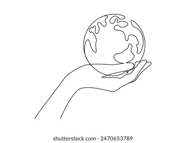 One continuous line drawing of hand holding Earth globe. World environment day poster in simple linear style. Protect and save planet concept in editable stroke. Doodle contour vector illustration