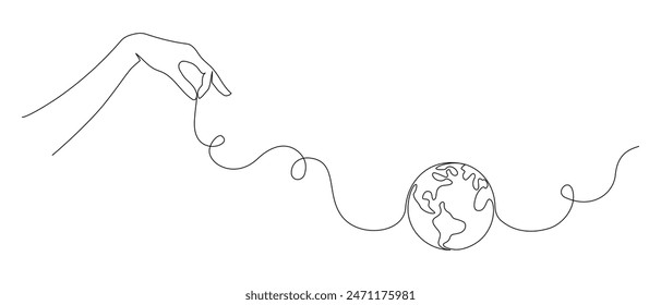 Una línea continua de dibujo de mano sosteniendo el globo terrestre. Cartel del Día Mundial del Medio Ambiente en estilo lineal simple. Guardar Proteger y Ilustración vectorial de contorno de garabato