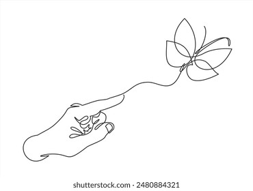 One continuous line drawing of hand holding butterfly. Beautiful flying moth for wellbeing beauty or spa salon logo in simple linear style.