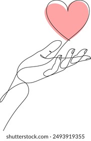 One continuous line drawing of hand holding heart. Support concept. Charity vector illustration with editable stroke.